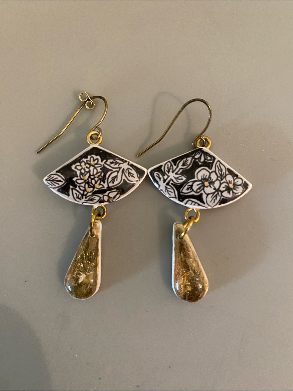 Hand-Painted Black & White Floral Drop Earrings